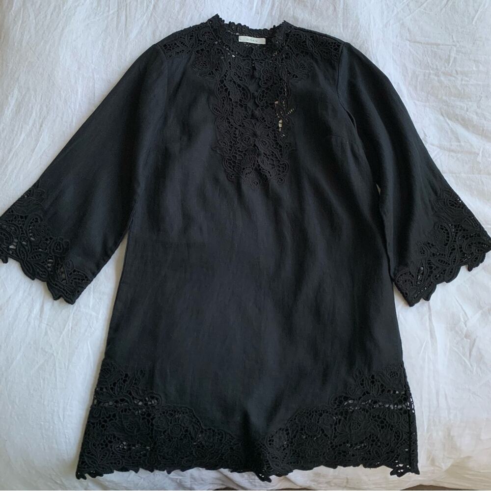 NWT Doen Roselie Linen Lace Crochet Collar 3/4 Sleeve Tunic Mini Dress Black - Picture 9 of 16